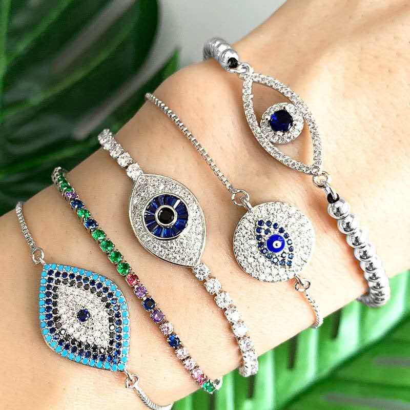 Silver Diamond Drawstring Blue Evil Eyes Adjustable Lucky Amulet Bracelet