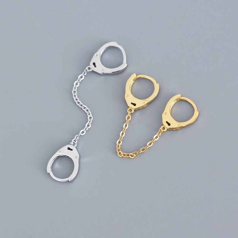 Simple 925 Silver Hip Hop Pure Handcuff Tassel Chain Huggie Hoop Earring