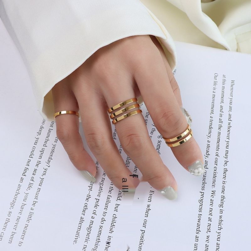 Simple Double-Layer Multi-Layer Plain Titanium Steel 18K Gold Ring for Men and Women Couples