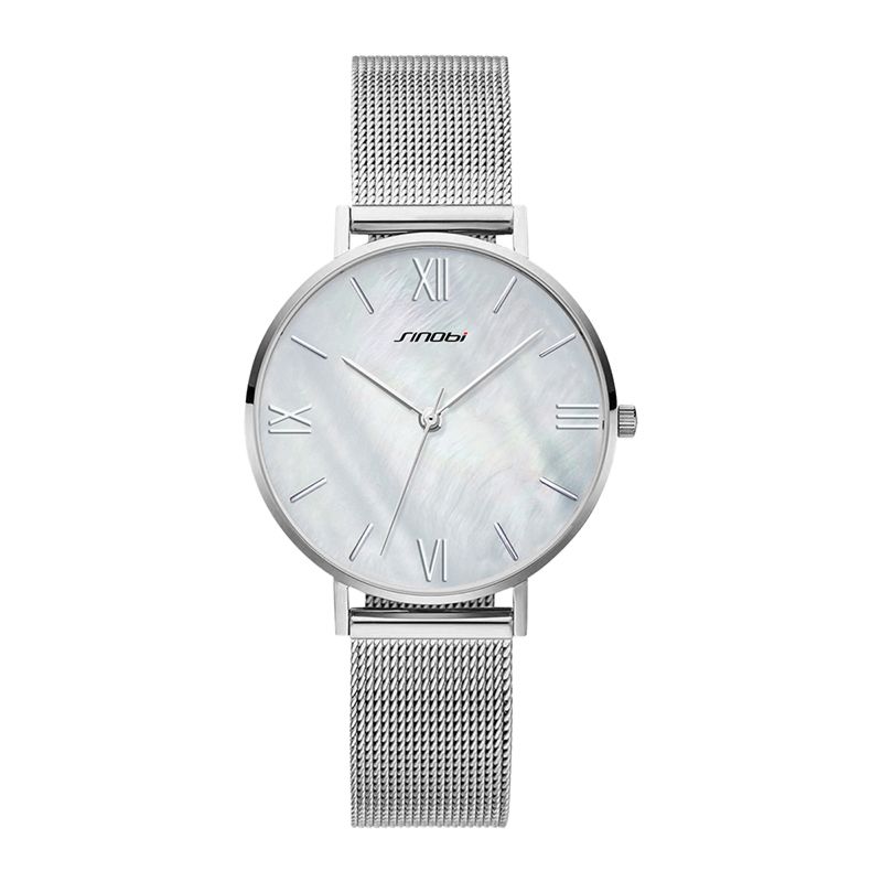 Sinobi Elegant Ultra Thin Lady Watch Shiny Pearl-Shell Dial Roman Number Index Steel Mesh Belt Watch Quartz Silver Watch S9709L