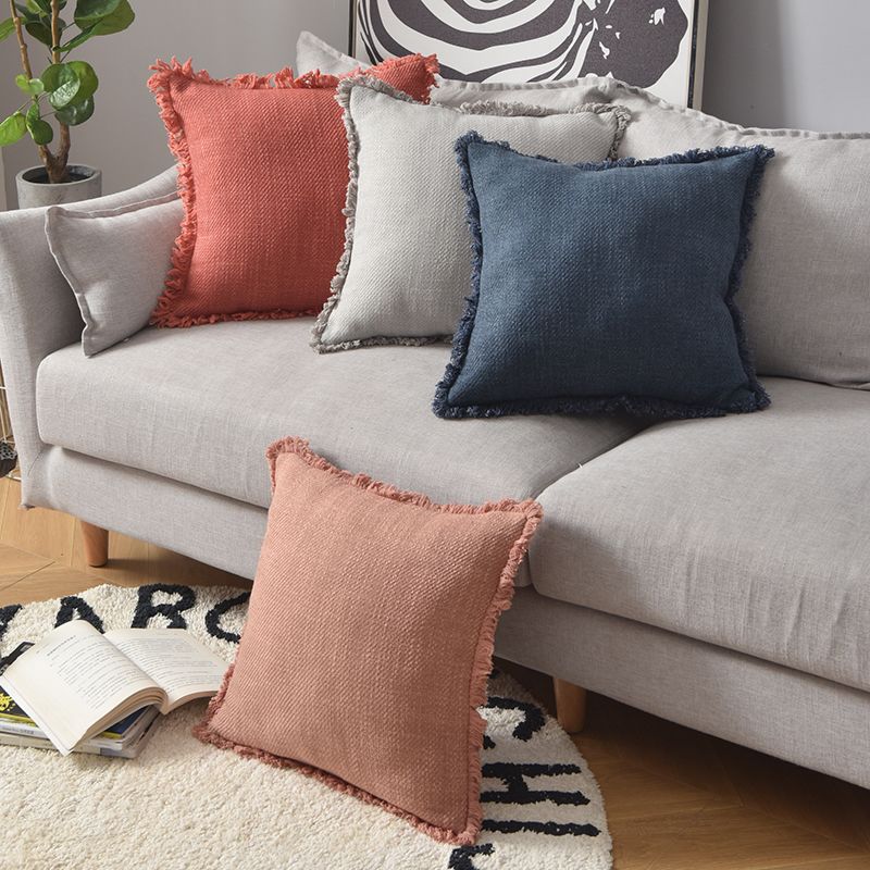 Sipeien Linen Pillow Cover with Fringes Soft Solid Square Throw Pillow Linen Cushion Cover for Couch 18 X 18 Inch