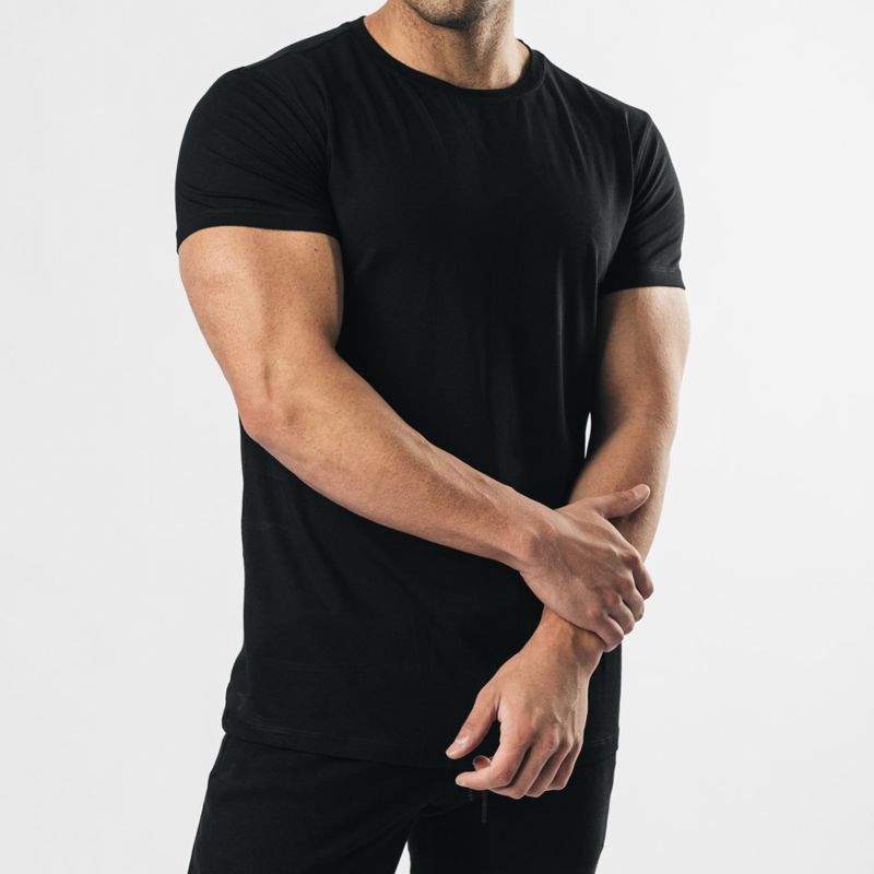 Slim Fit Black Cotton Gym Tee Workout Short Sleeve T-Shirt for Man