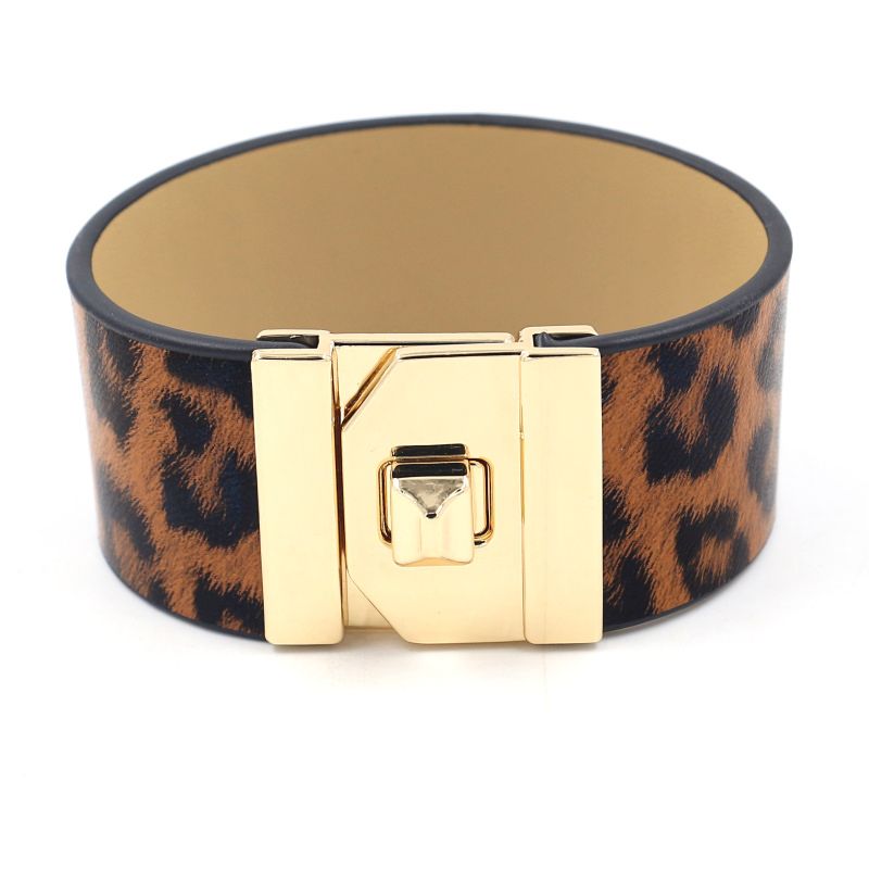 Small Quantity Accessories Luxury Light Gold Alloy Lock Leopard Print Iimitation Leather Bangle Bracelet