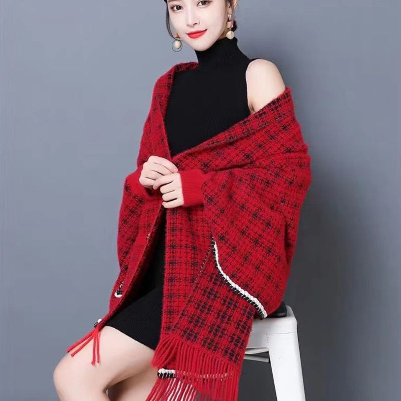 Soft Material Warm Knit Jacquard Fringed Ponchos Shrugs for Women