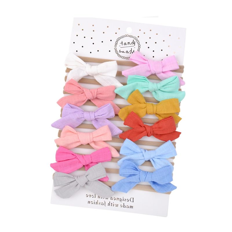 Soild Linen Cotton Bows Nylon Headbands Cute Newborn Baby Girls Stretchy Nylon Head Bands Kids Girls Soft Headwear