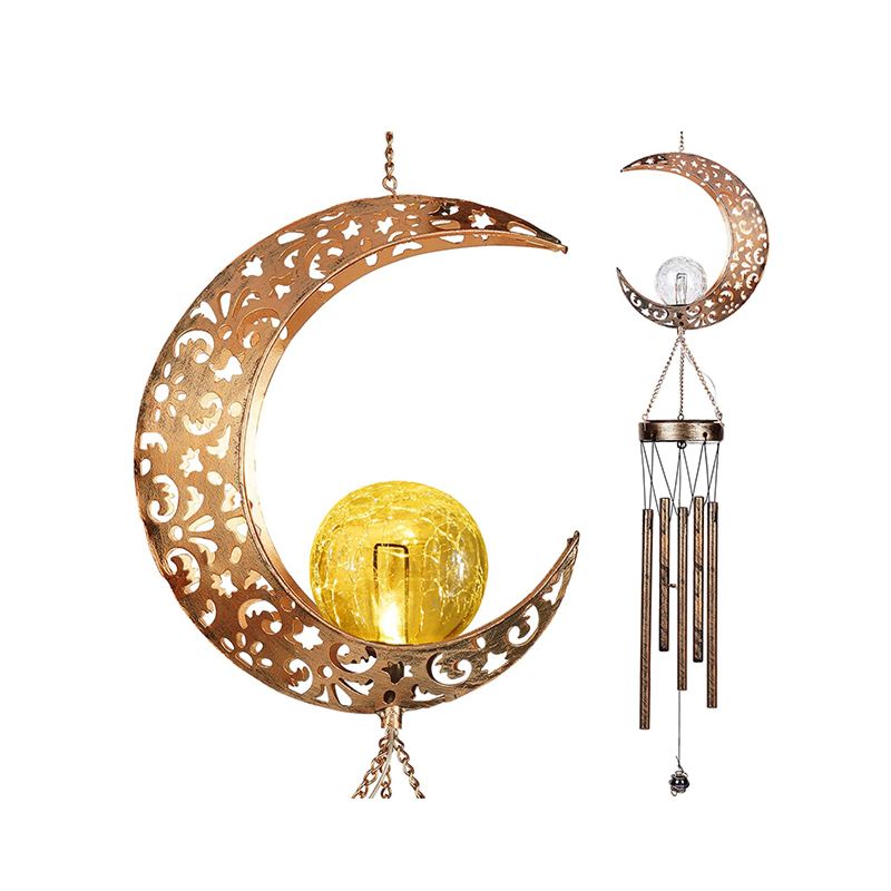 Solar Led Hanging Metal Moon Wind Chimes with Crackle Glass Bass for Outdoor Garden Decor