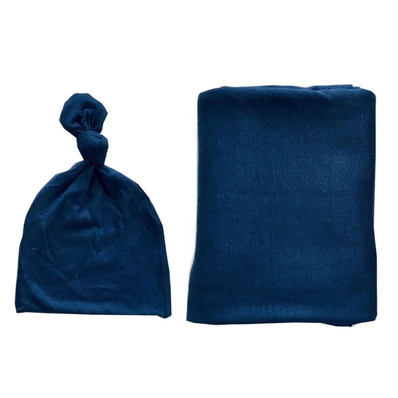Solid Blue Color 47"X47" Baby Swaddle and Hat Set Knitted Baby Boys Blanket