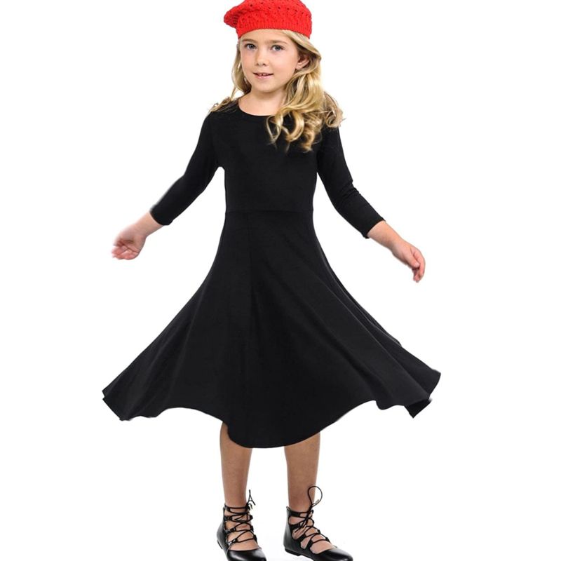 Solid Colors Cotton 3/4 Long Sleeves Girls' Princess Seam A-Line Dress with Full Skirt