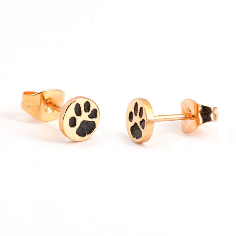Solid Silver Engraved Animal Paw Nose Print Stud Earrings Women Jewelry Rose Gold Plated Solid Silver Cute Earrings Set