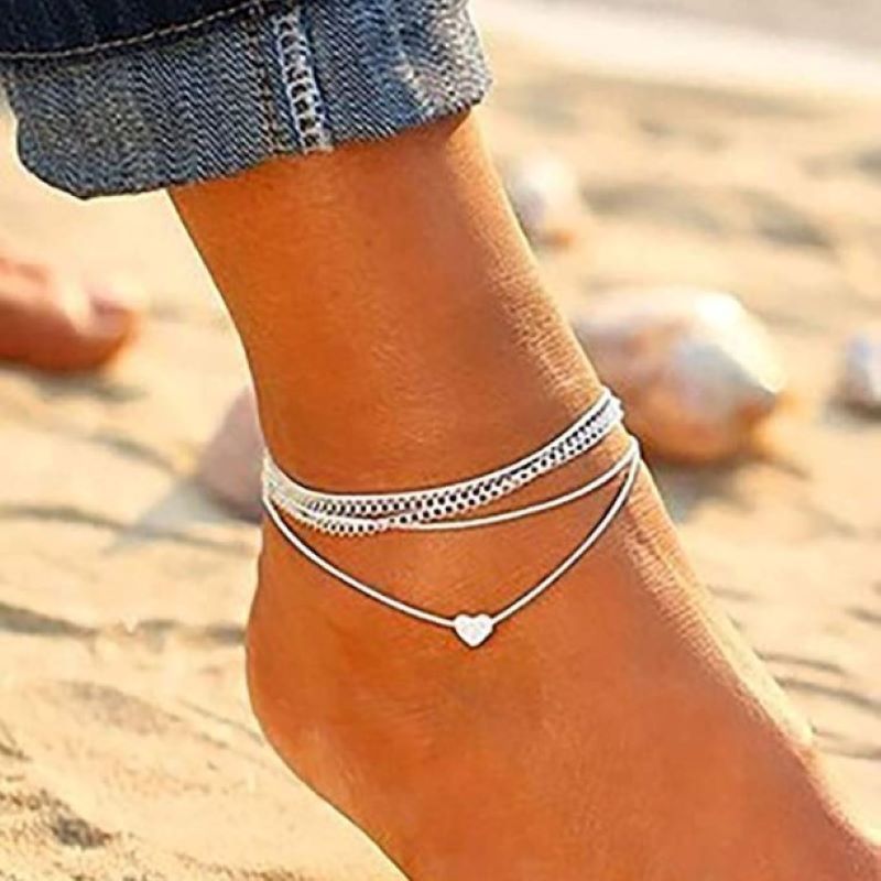Solid Silver Heart Ankle Bracelet Multi Layer Foot Chain Women Anklet Adjustable Chain Beach Gifts Wedding Jewelry