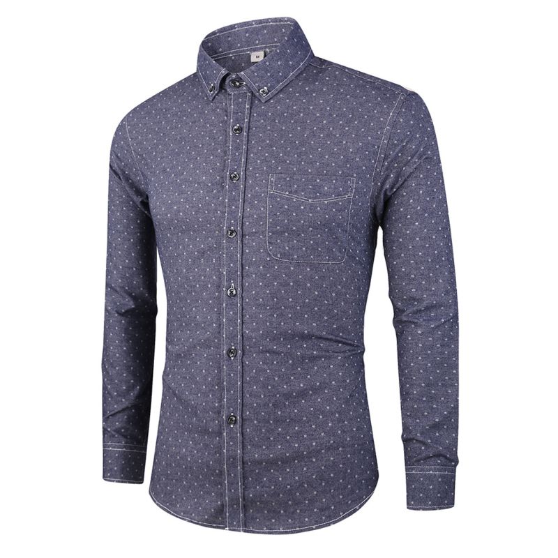 Spring Autumn %100 Cotton Men's Long Sleeve Dot Printed Button Casual Shirts for Men