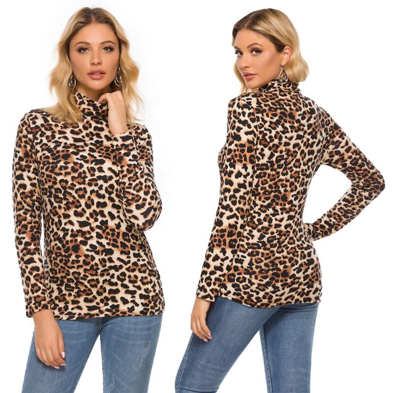 Spring Light Temperament Hedging Half High Collar Slim Leopard Print Long Sleeve T-Shirts for Women