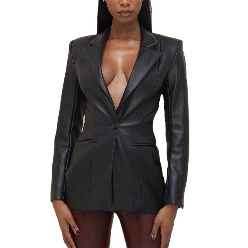 Spring Pu Black Tuxedo Hollow Out Ladies Suit V-Neck Women Suit