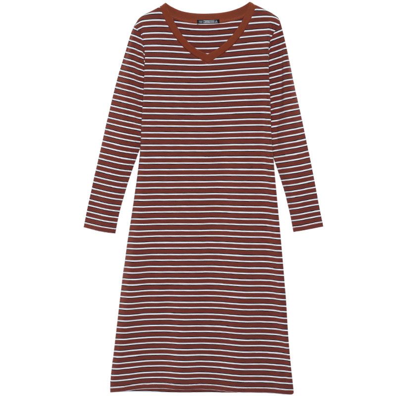 Spring V-Neck Stripe Wrap Hip Dress Medium Length One-Step Skirt Bottom Dress Knee Length Skirt for Woman