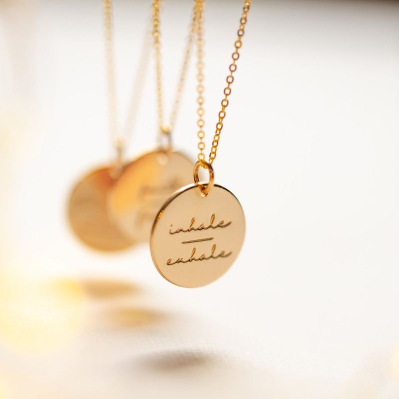 Stainless Steel Breathe Jewelry Charm Engraved Words Quotes Statement Inspired Gift Inhale-Exhale Disc Necklace