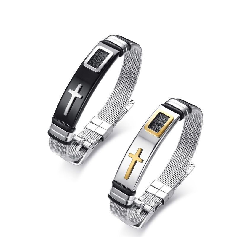Stainless Steel Cross Christian Mesh Bracelet Men