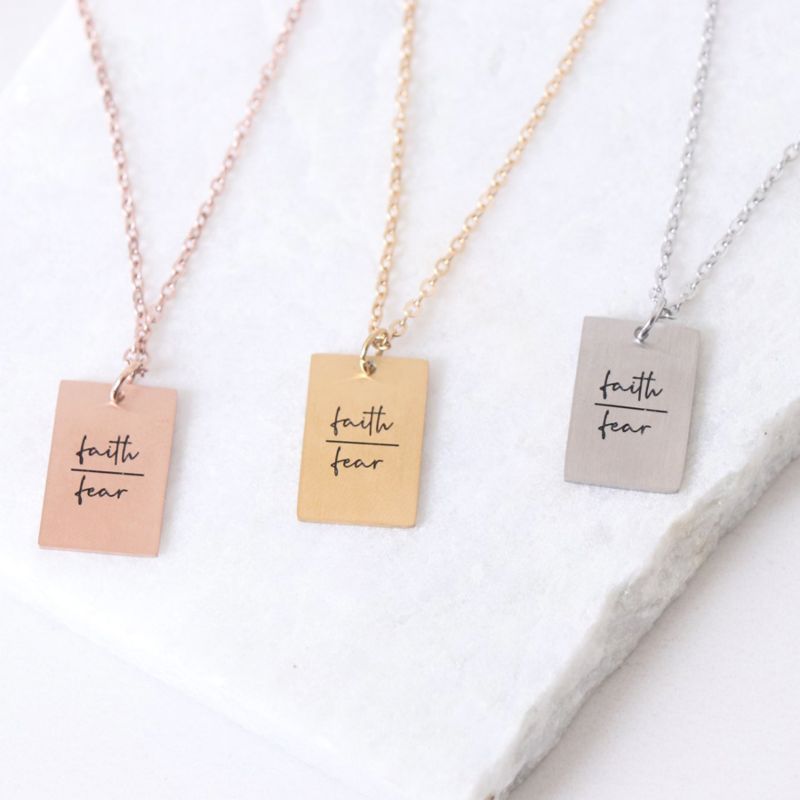 Stainless Steel Engraving Motivation Quote Inspire Jewelry Faith over Fear Rectangle Pendant Necklace