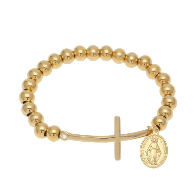 Stainless Steel Gold 8Mm Beads Rosary Chain Women Men Cross Bracelet with Virgin Mary Pendant Bracelet