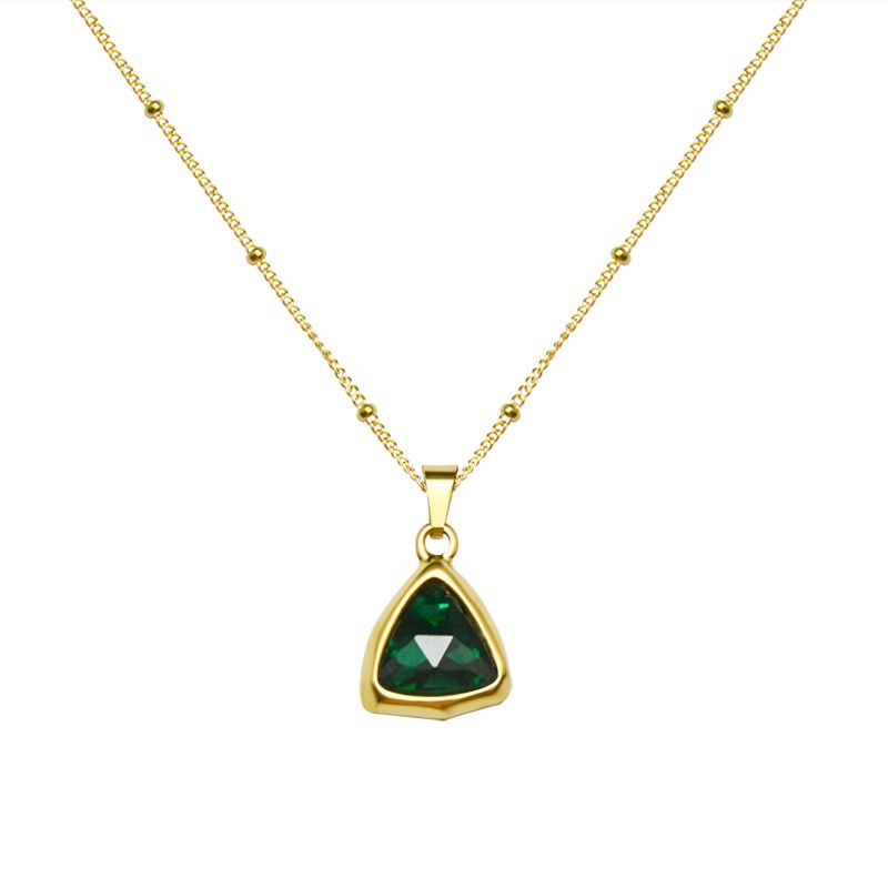 Stainless Steel Green Zircon Emerald Green Jewelry Woman Jewelry Crystal Triangle Pendant Necklace Earrings