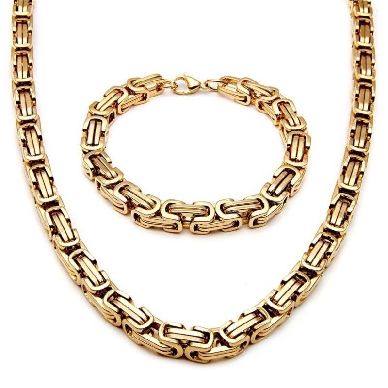 Stainless Steel Male Chain Necklace Byzantine Bracelet for Men Jewelry Sets Accessory