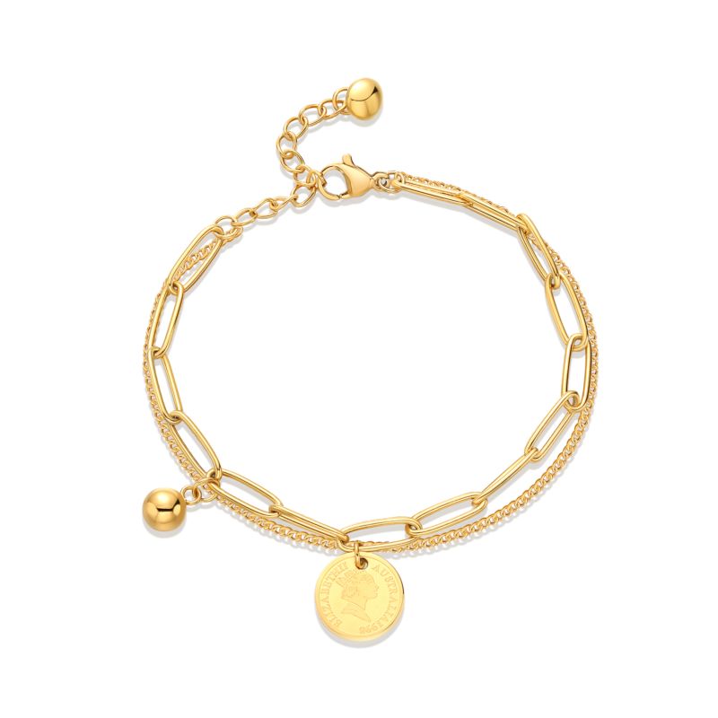 Stainless Steel Queen Elizabeth Gold Coin Chain Ball Bracelet Double Layers Bracelet Bangles for Women