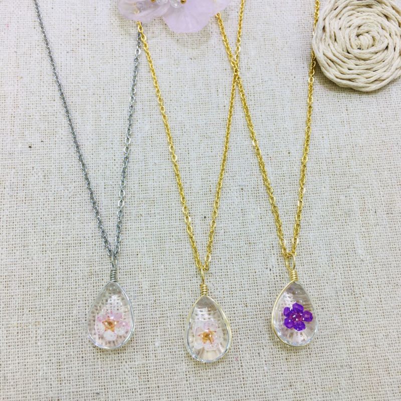 Stainless Steel Resin Dried Flower Necklace Jewelry Sets,Teardrop Pressed Flower Pendant Necklace for Children Women Jewelry