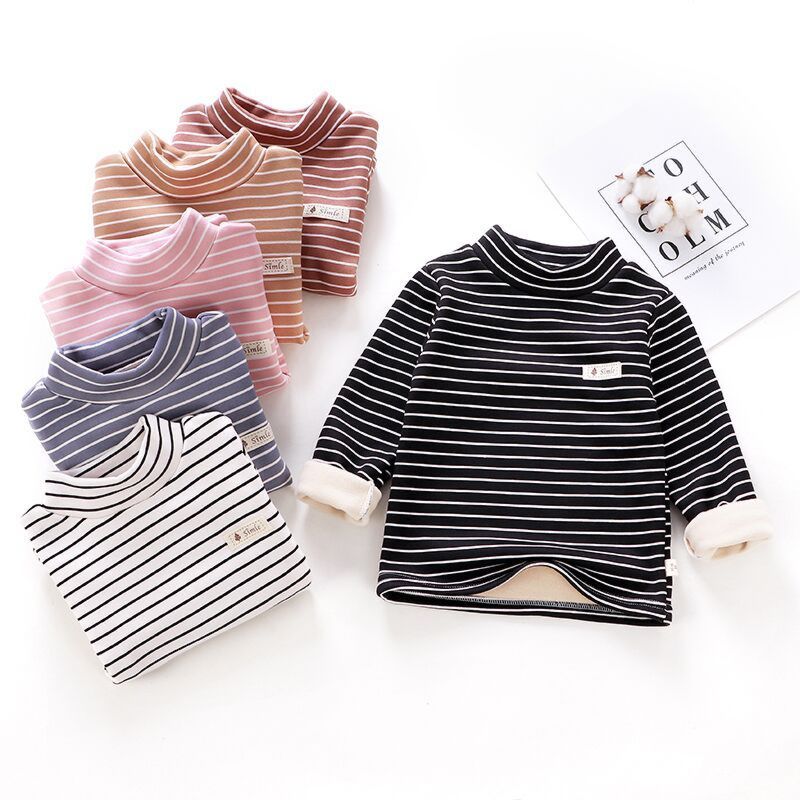 Striped Kids Tops Baby Girls T-Shirt High Neck Turtleneck Pullover Children Clothing 3-10Y Boys Warm Long Sleeve Tees