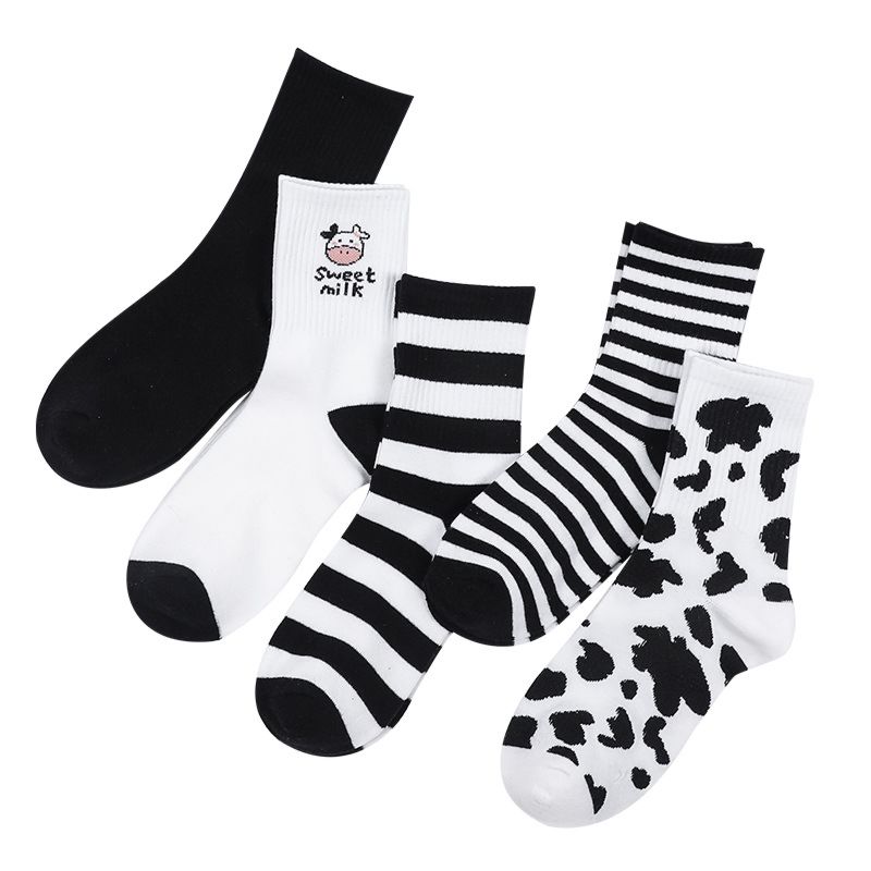 Striped Socks Funny Cow Print White Cartoon Calcetines Harajuku Skarpetki Cute Animal Chaussettes Kawaii Happy Sock for Girls