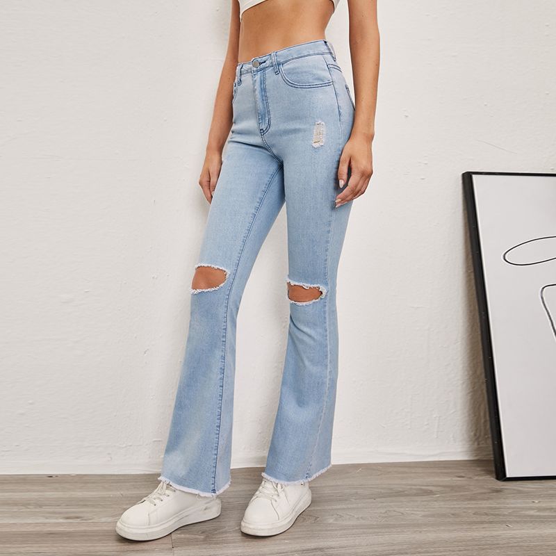 Style Women Vintage Wide Leg Boot Cut Slim Ripped Jeans High Waist Denim Flared Stretchy Pants