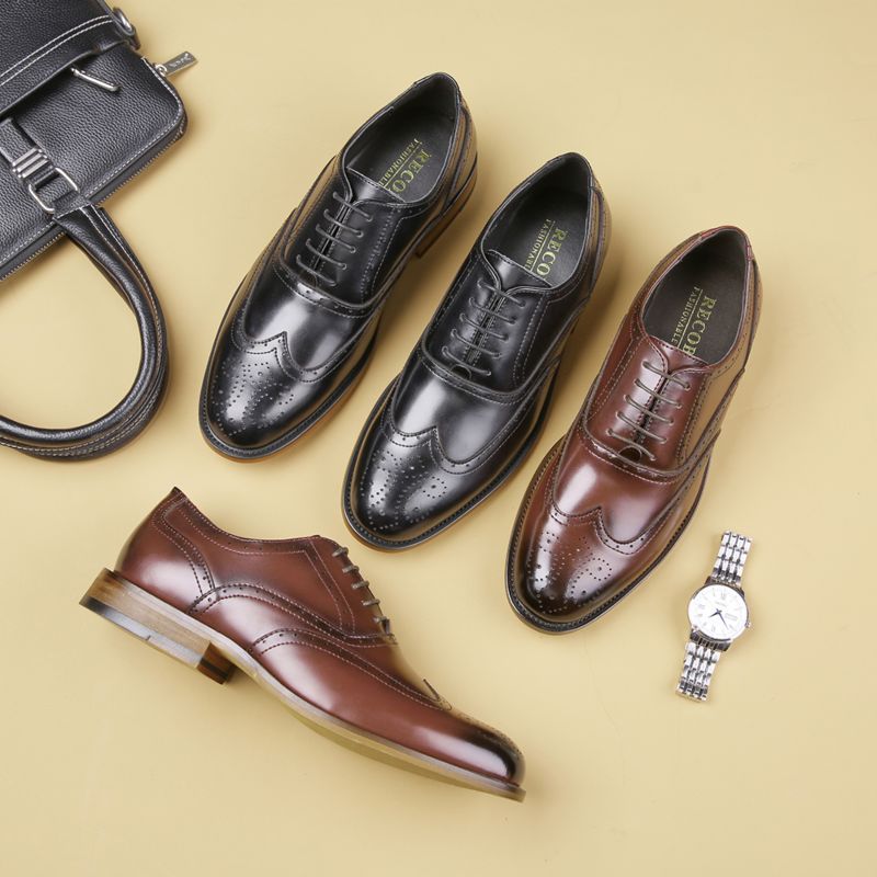 Stylish Casual Brown Men's Wedding Business Office Formal Leather Oxfords Wooden Outsole Brogue Dress Shoes