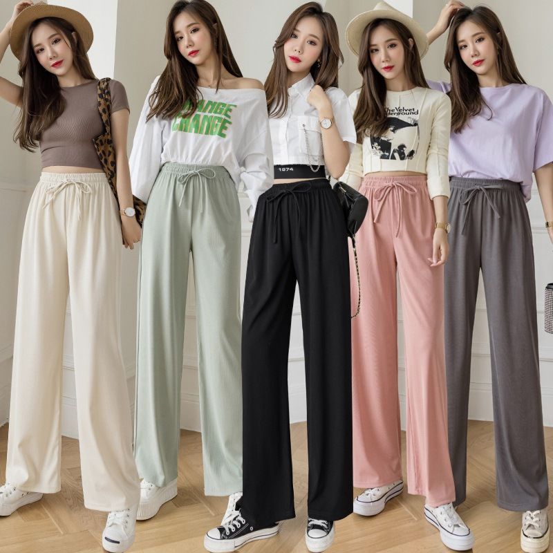 The Ice Silk Wide-Leg Pants High Waist Drape Loose Straight Leg Thinner Straps Mopping Pants