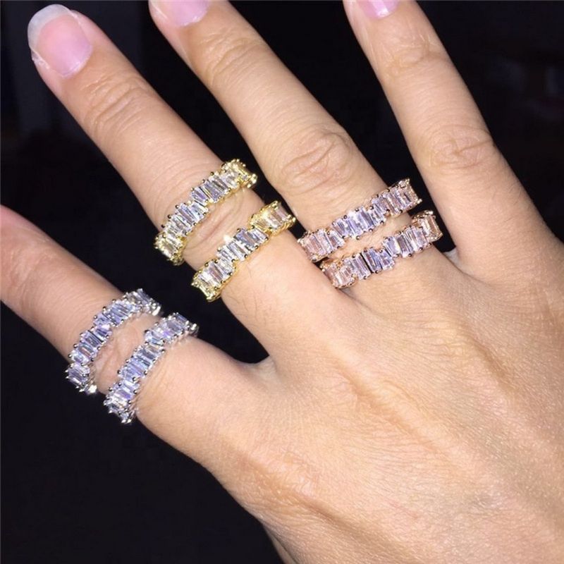 Thin Baguette T Ring Engagement Handmade Rainbow Trapezoid Stone Rings for Women Fashionjewelry Finger Accessories Wedding Band