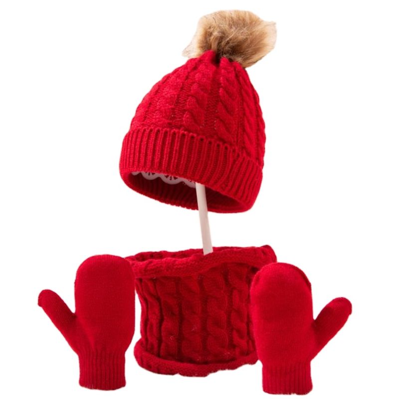 Three-Piece Scarf Hat Set Baby Girls Children Pompon Beanies Knitted Hats Kids Warm Wool Crochet Caps Unisex
