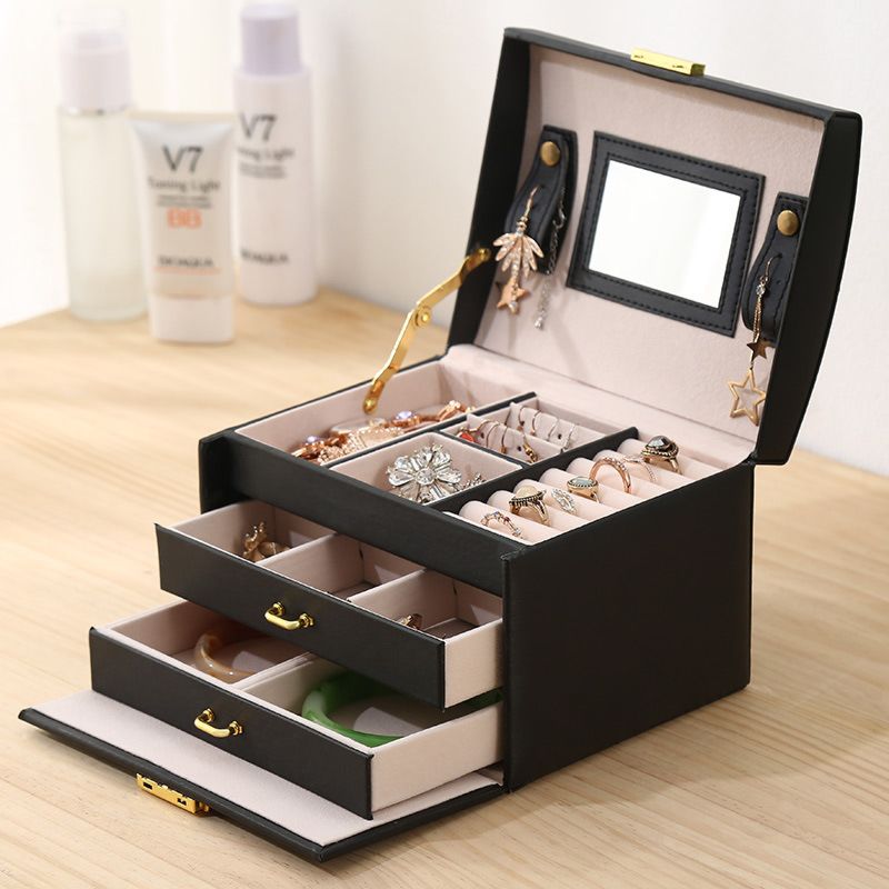 Three Layer Pu Leather Ornament Box Double Drawer Jewelry Box Princess Jewelry Storage Box