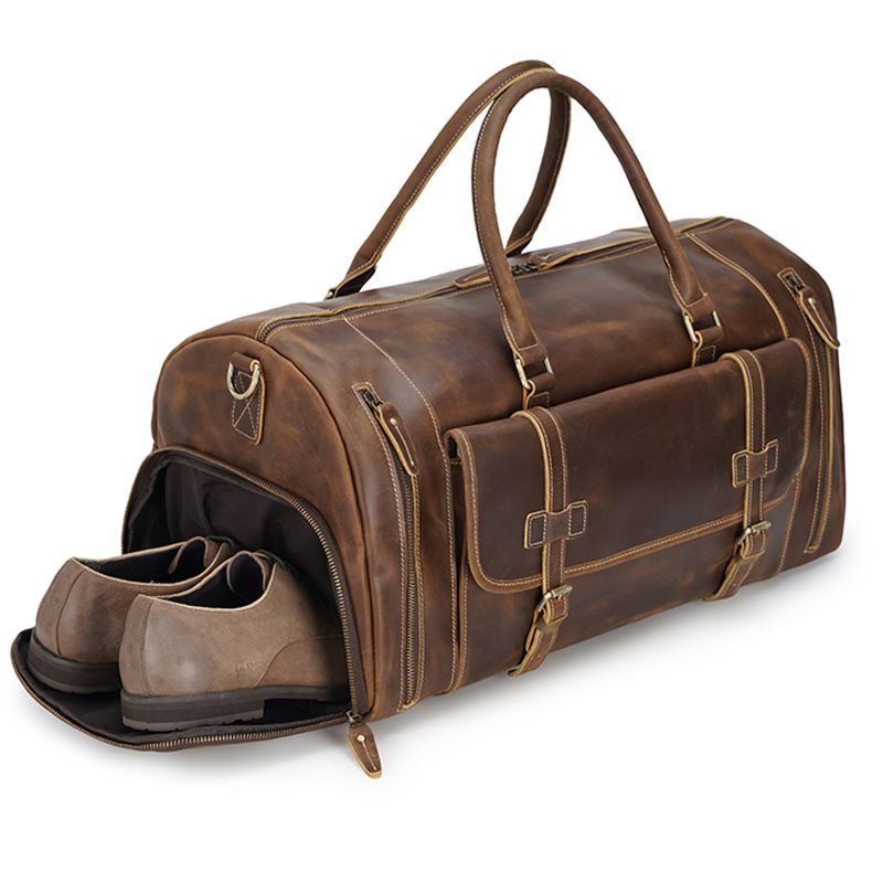 Tiding Vintage Large Mens Weekender Top Grain Crazy Horse Leather Travel Duffle Bag Overnight Bag with Shoe Compartment