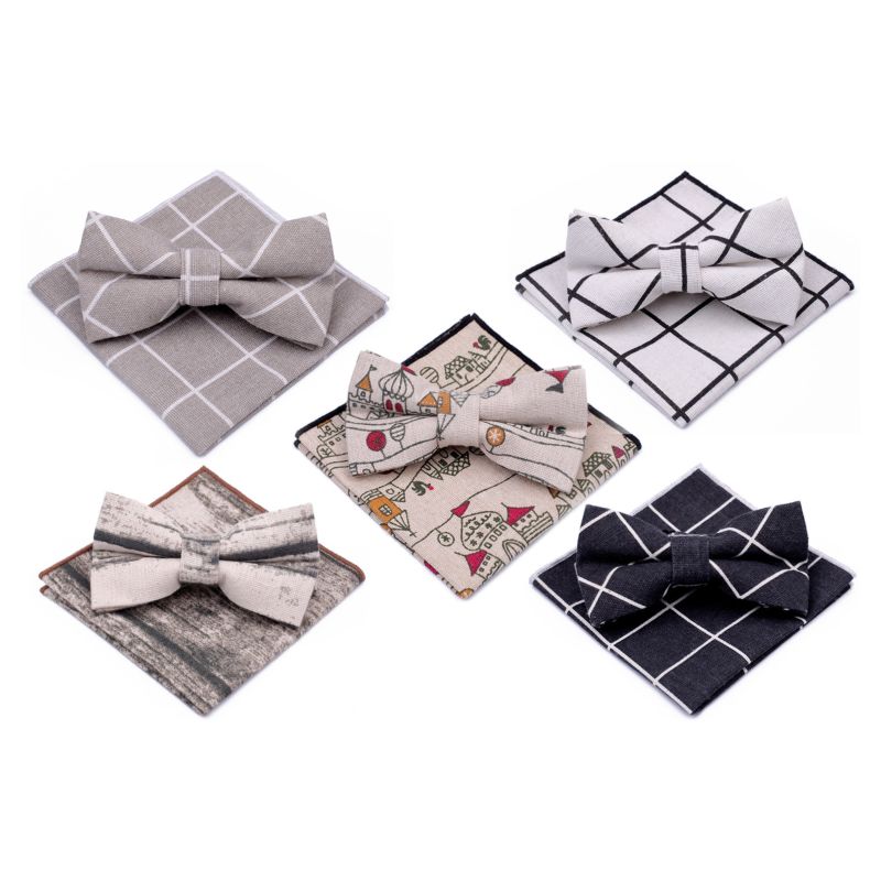 Tie Gift Box White Dress Mens Neck Printed Bowtie Adjustable and Pocket Square Set Linen Bow Ties