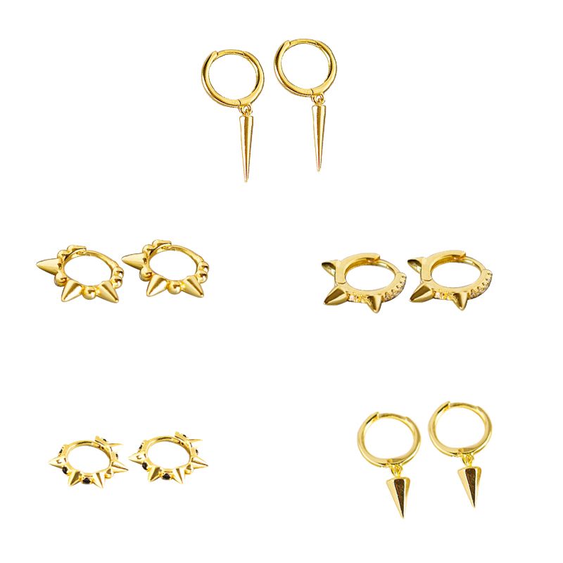 Tiny Gold Plated Hoop 925 Silver Jewelry Women Mens Punk Triangle Geometric Rivet Spike Earrings