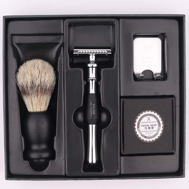 Titan Shaving Set ,Metal Handle Double Edge Safety Razor with Brush Shaving Kit Shaving Mens Razor