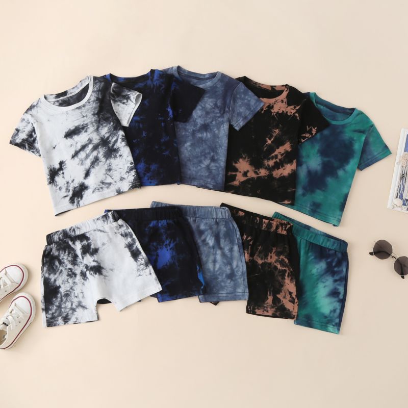 Toddle Boys Girls Clothing Set O-Neck Tie-Dyed Short Sleeve Top +Short Pants 2Piece Set for Kids