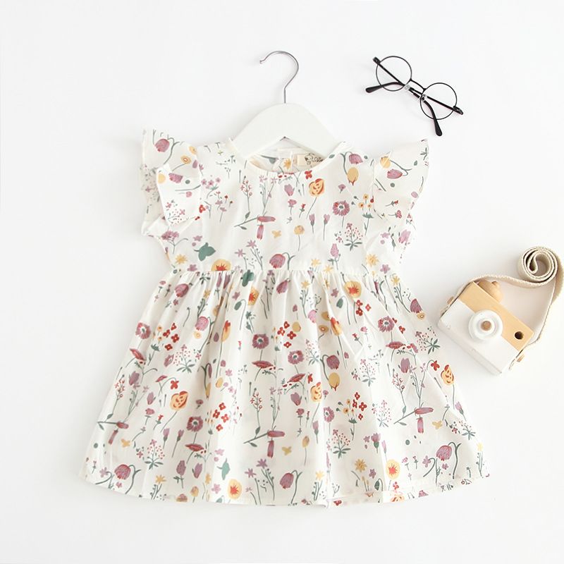Toddler Baby Girls Cotton Flower Print Dress Kids Tulle Organza Dresses Ruffle Sleeve Sweet Dress