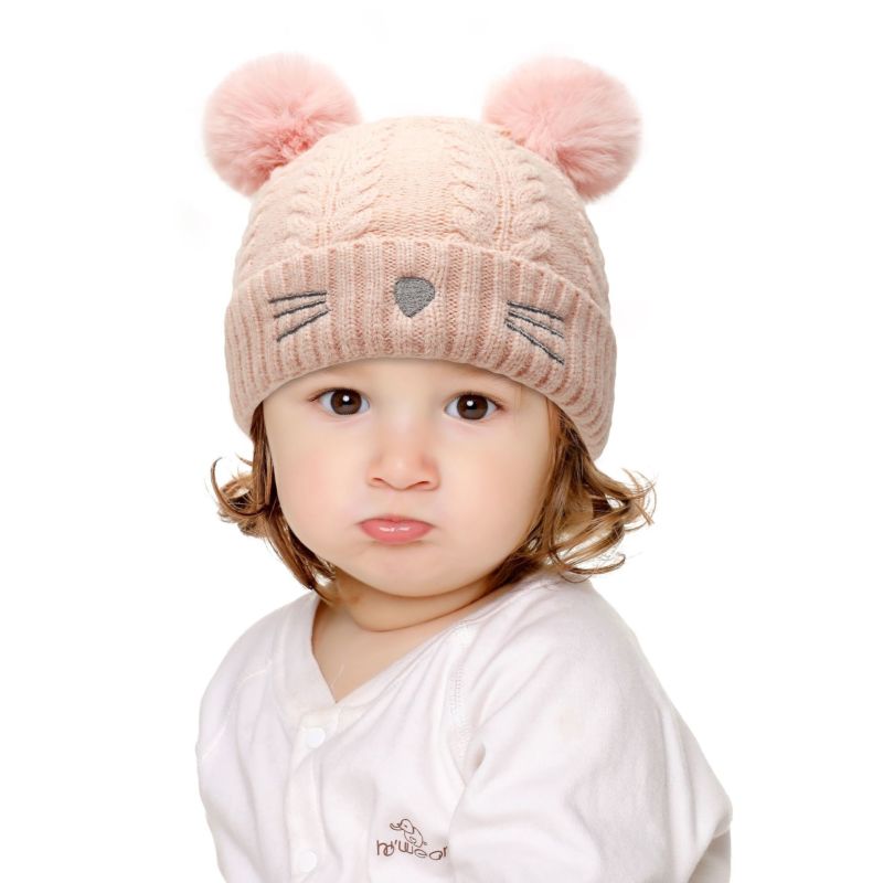 Toddler Cat Embroidery Kids Beanie with Furry Lining