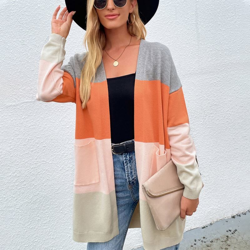 Top Long Sweater Jacket Open Front Women Color Clash Block Rainbow Cardigan