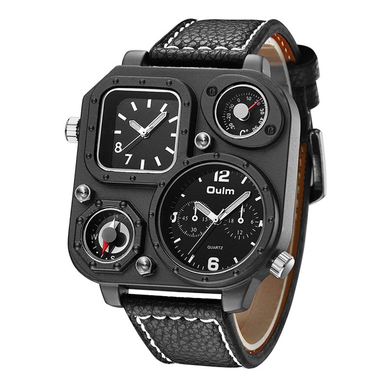 Top Luxury Men Watches Oulm Military Square Dial Compass Thermometer Design Dual Time Quartz Vintage Sports Leather Watch
