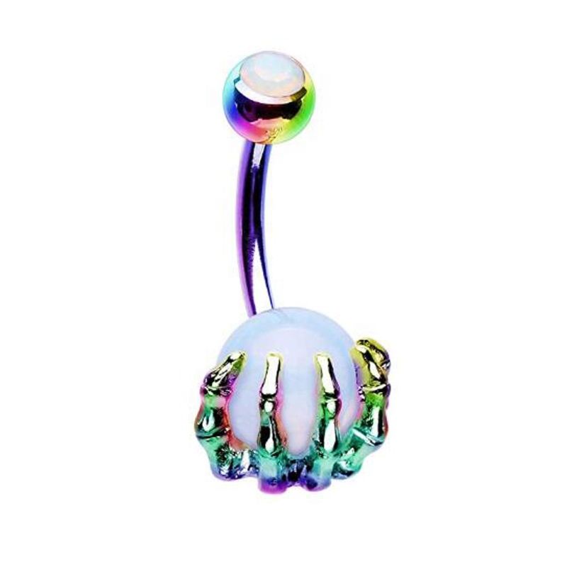 Toposh 14G Stainless Steel Belly Bars Skull Hand with Gem Ball Fixed Navel Belly Button Rings Piercing Jewelry