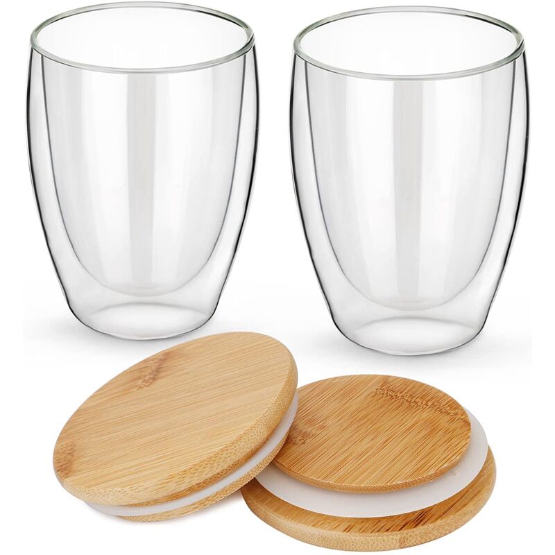 Transparent Milk Mugs 12 Oz Double Wall Clear Glass Coffee Cups with Bamboo Lid