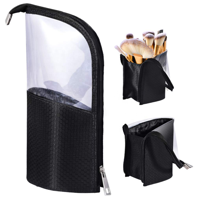 Travel Make-Up Brush Cup Holder Organizer Bag Portable Waterproof Dust-Free Stand-Up Small Toiletry Stationery Bag with Divider