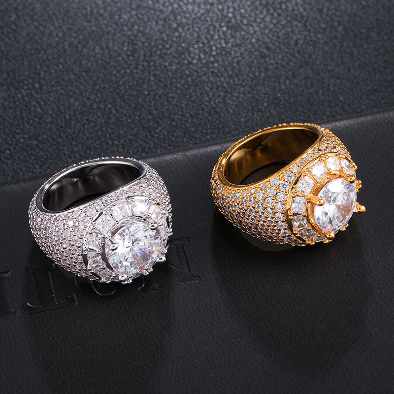 Trend Brass Diamond Bling Gold Plated Iced Out Cubic Zircon Brass Cuban Link Chain Gold Plated Finger Bling Ring