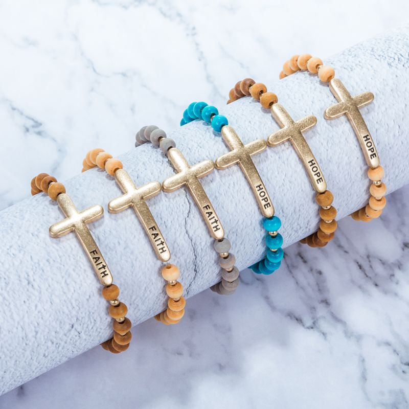 Trend Popular Inspiration Cross Shape Initial Stretch Wood Beads Bracelets Jewelry for Women