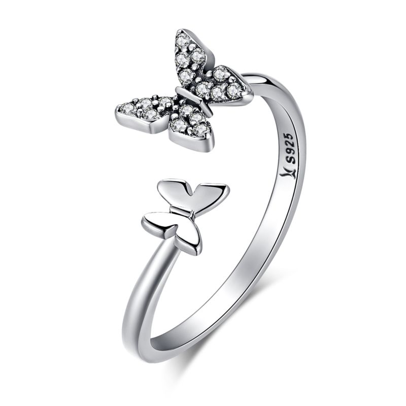 Trending Products Arrivals Adjustable Double Butterfly Cz Diamond Rings Silver 925 Sterling Jewelry Butterfly Ring