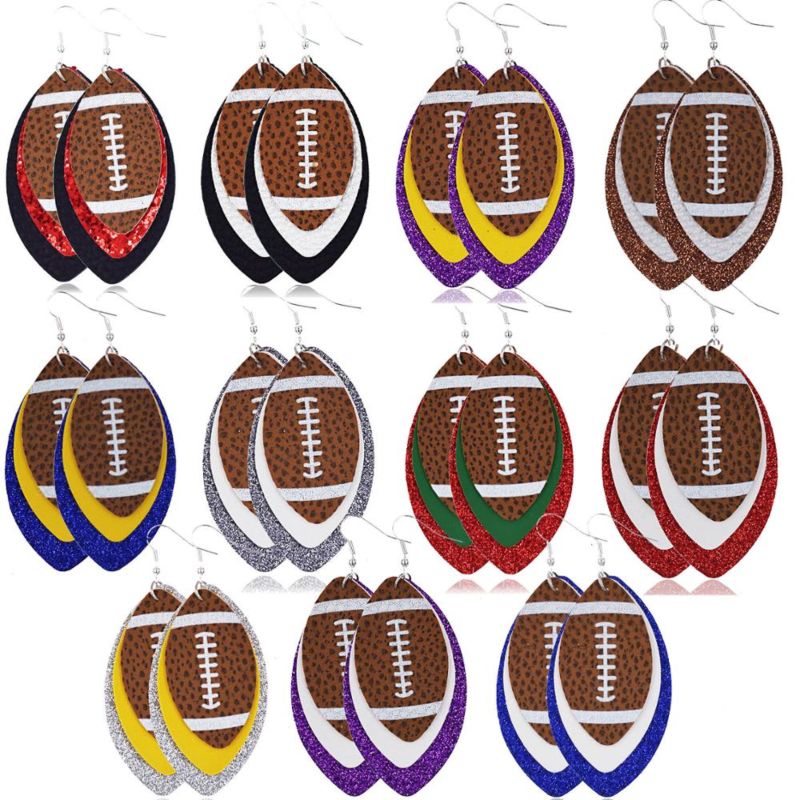 Trending Unique Rugby Football Sports Earings Water Drop Glitter Leather Teardrop Earrings Women